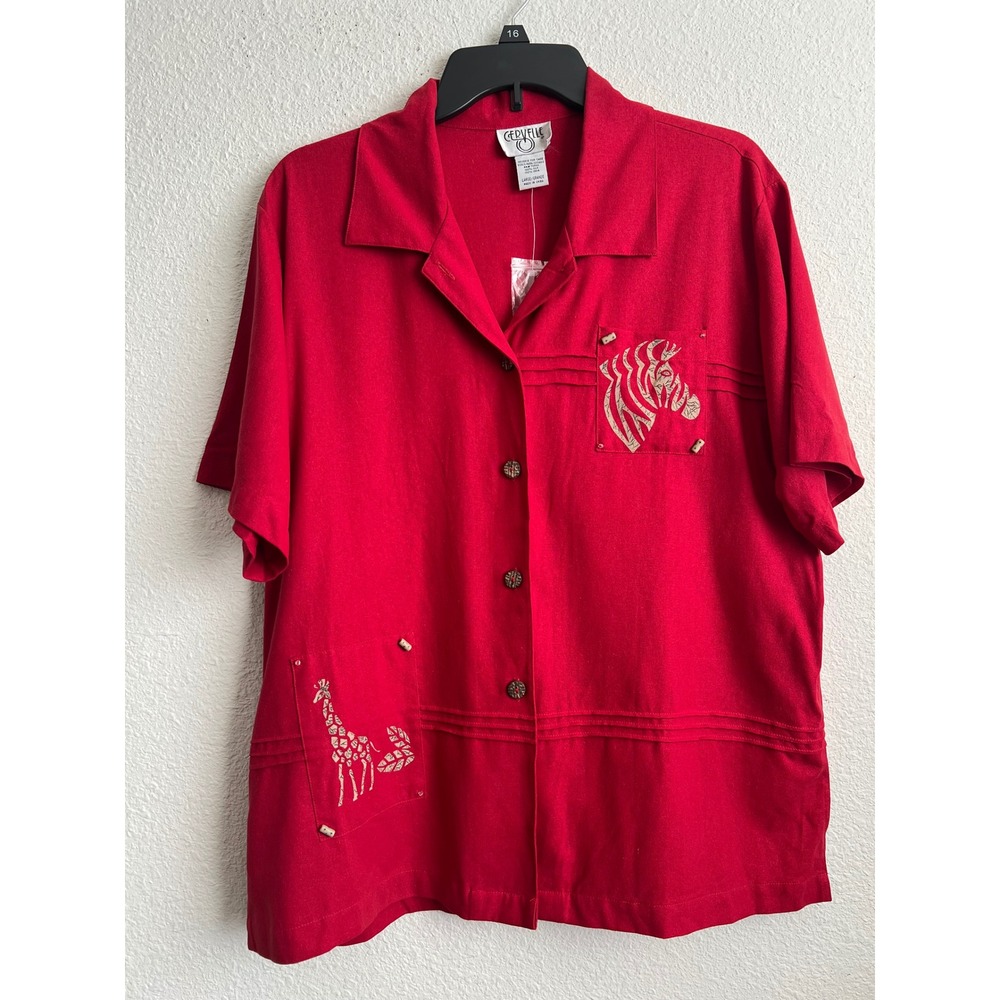 Cervelle Red 100% Silk Zebra Giraffe Safari Button Down Shirt Womens Large